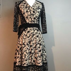 Just Taylor black cream floral faux wrap dress 4